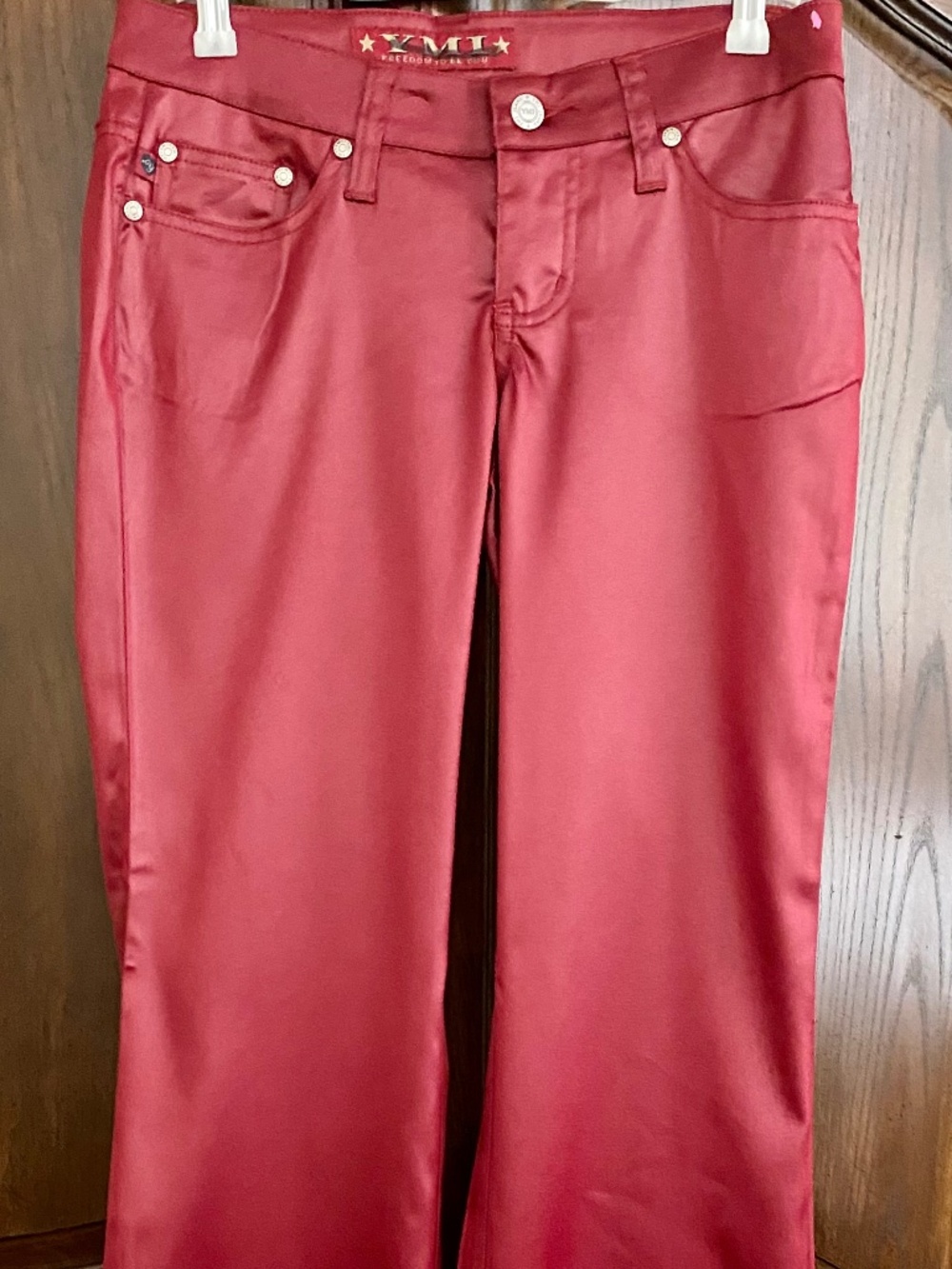 YMI Red Faux Leather Pants. Pleather Jeans. Pockets, Wide-Leg. NWT. Size 3 Poly.